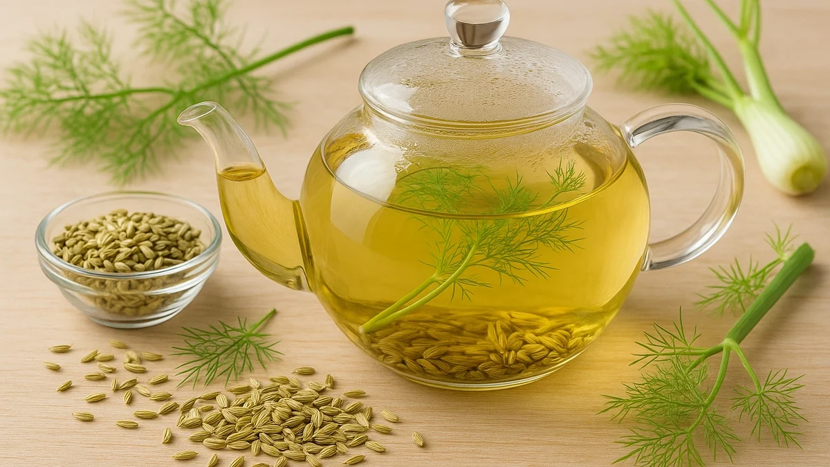 teiera con infuso al finocchio giallo chiaro con semi e pianta di finocchio su superficie di legno chiara