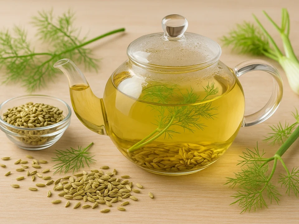 teiera con infuso al finocchio giallo chiaro con semi e pianta di finocchio su superficie di legno chiara