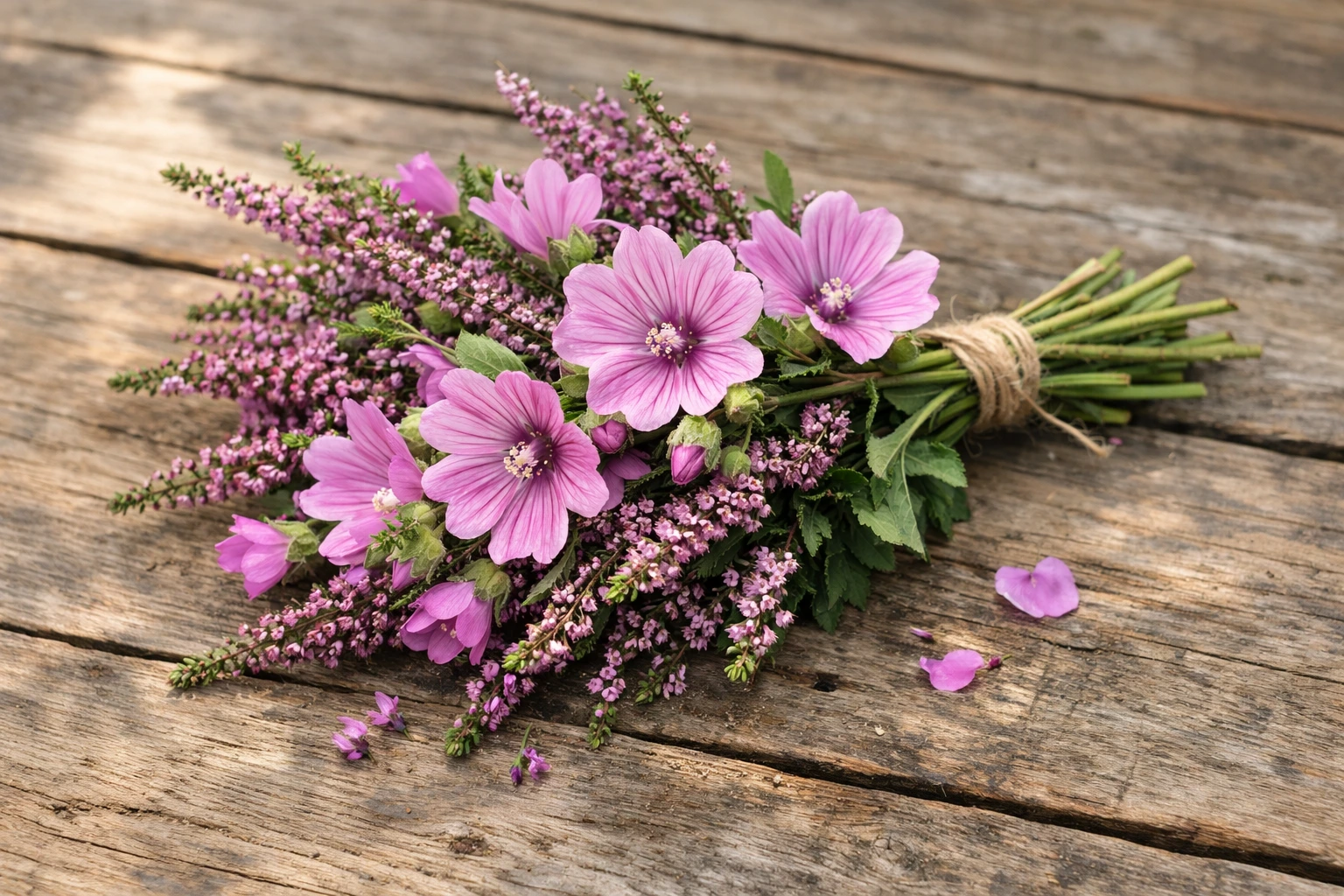 bouquet di malva ed erica fresche frontale su superfice di legno chiaro