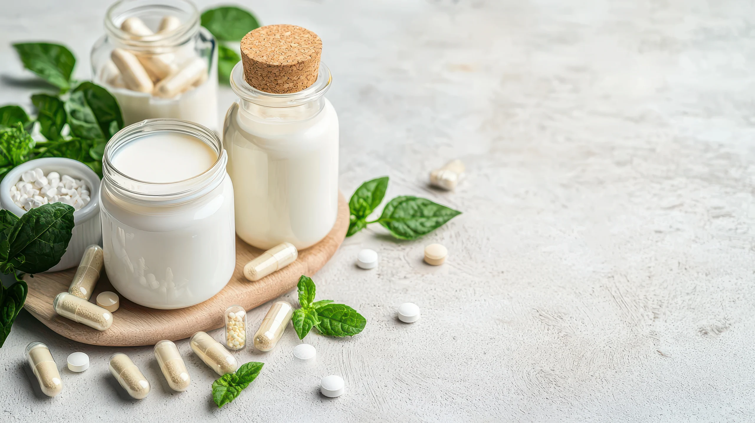supplementi probiotici in capsule e pastiglie su un vassioio di legno con alcuni vasi contenenti yogurt e fogli verdi decorative